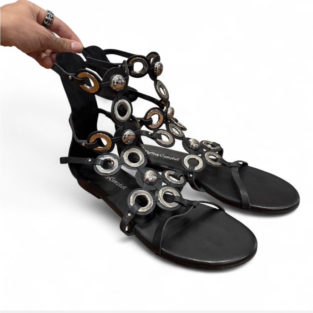 Jeffrey Campbell Black Gladiator Sandals with Mixed Metal Ring Details